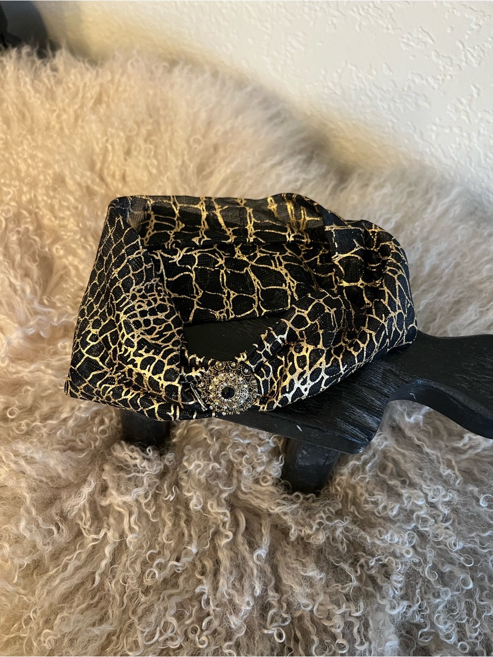 Black and Gold Croc-Print Decorative Headband with Jeweled Accent